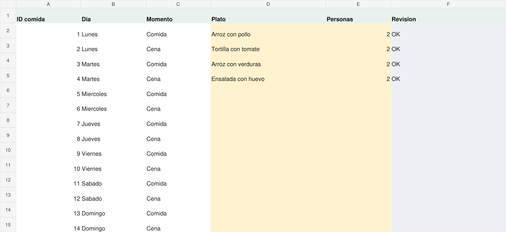 Menú de lunes a domingo con comida, cena, plato y número de personas