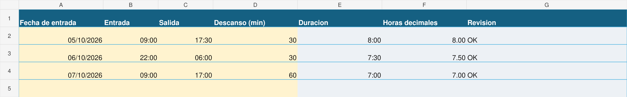 Tres turnos de ejemplo: 8 horas, 7 horas y media en turno nocturno y 7 horas