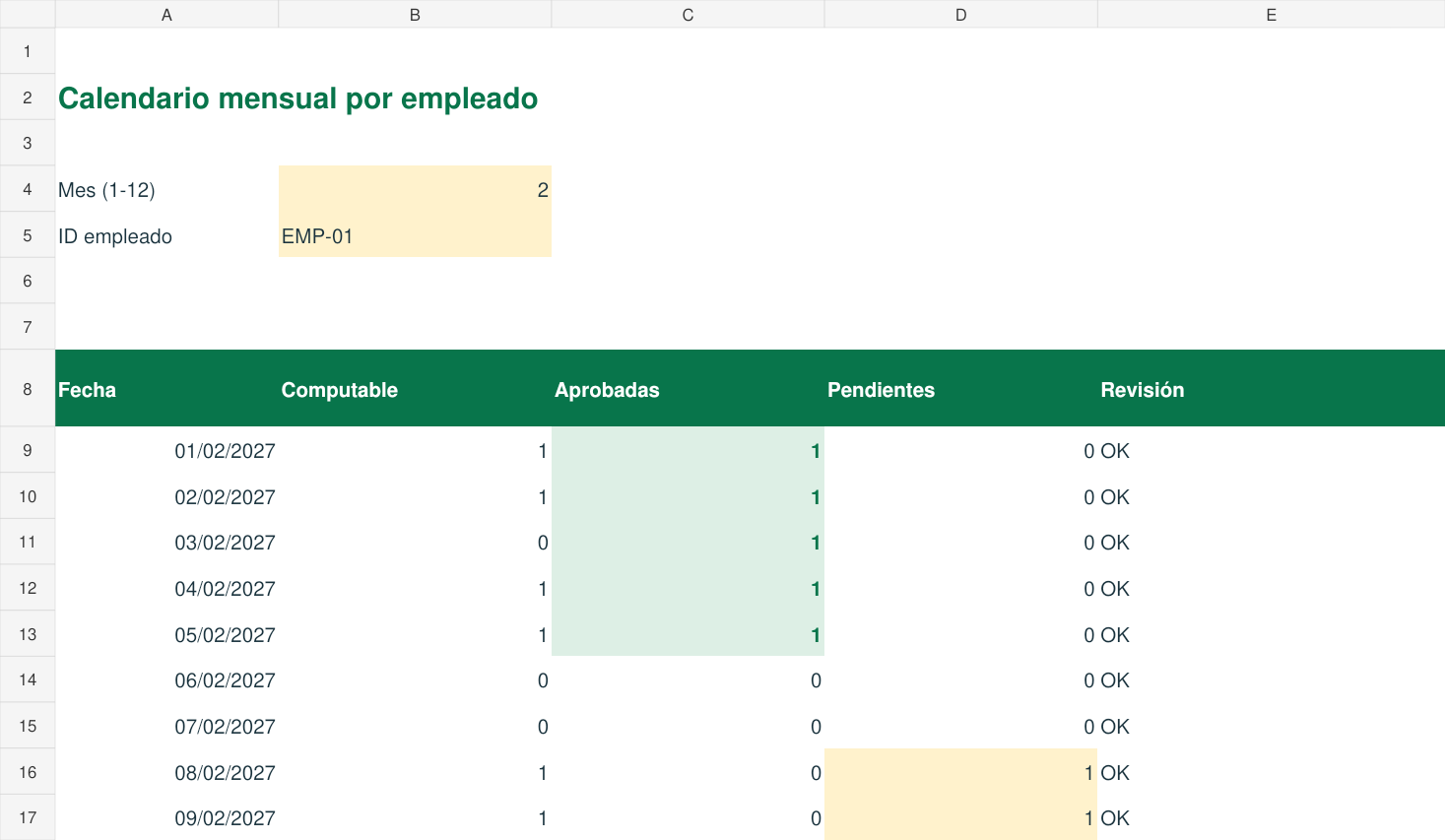 Calendario mensual del empleado seleccionado
